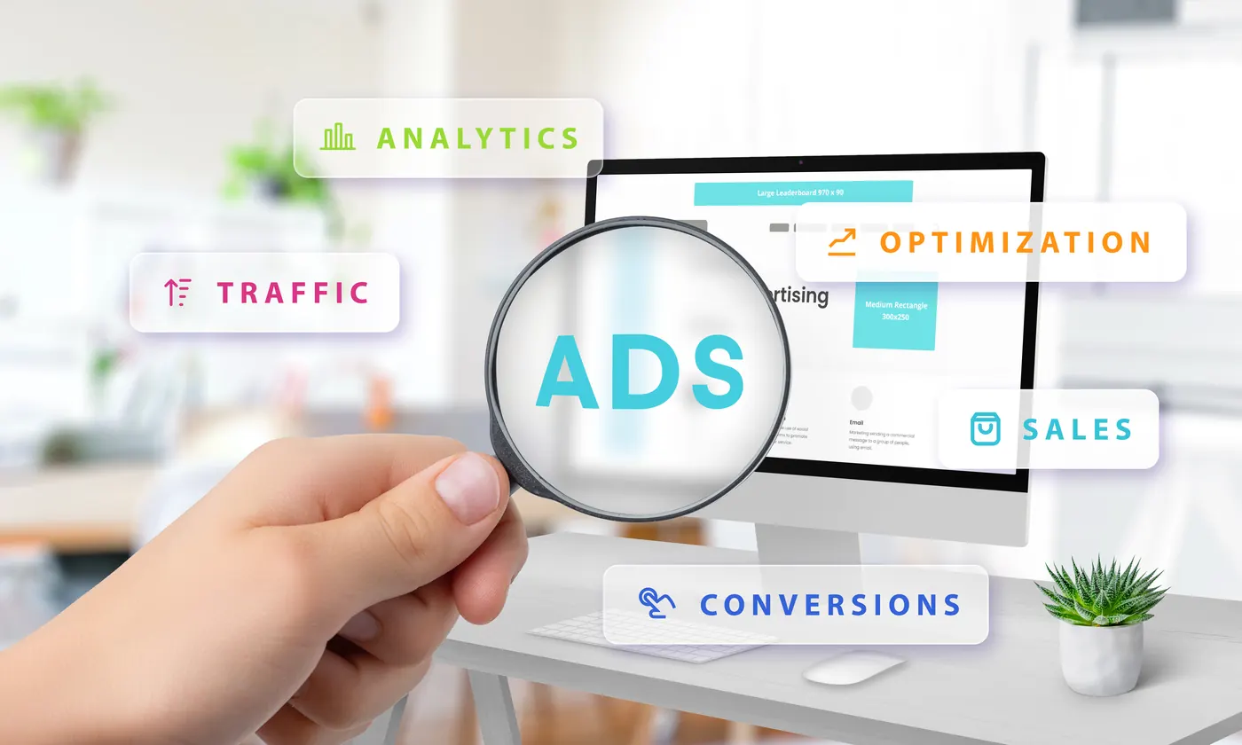 แว่นขยายเน้นคำว่า Ads บนหน้าจอพร้อมไอคอนวิเคราะห์ทราฟฟิกและยอดขาย